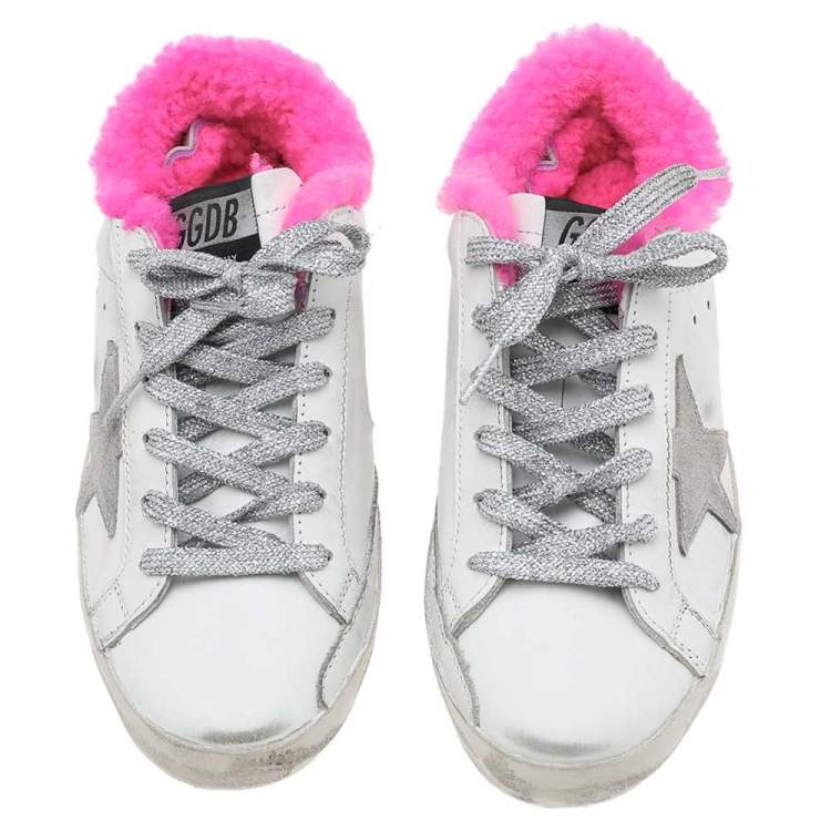 Pre Owned Golden Goose White/Pink Leather And Fur Super Star Low Top Sneakers Size 35
