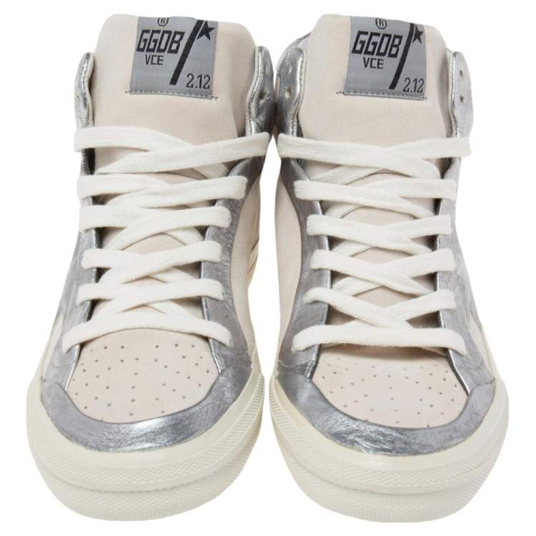 Pre Owned Golden Goose Grey/Silver Leather And Suede High Top Sneakers Size 37
