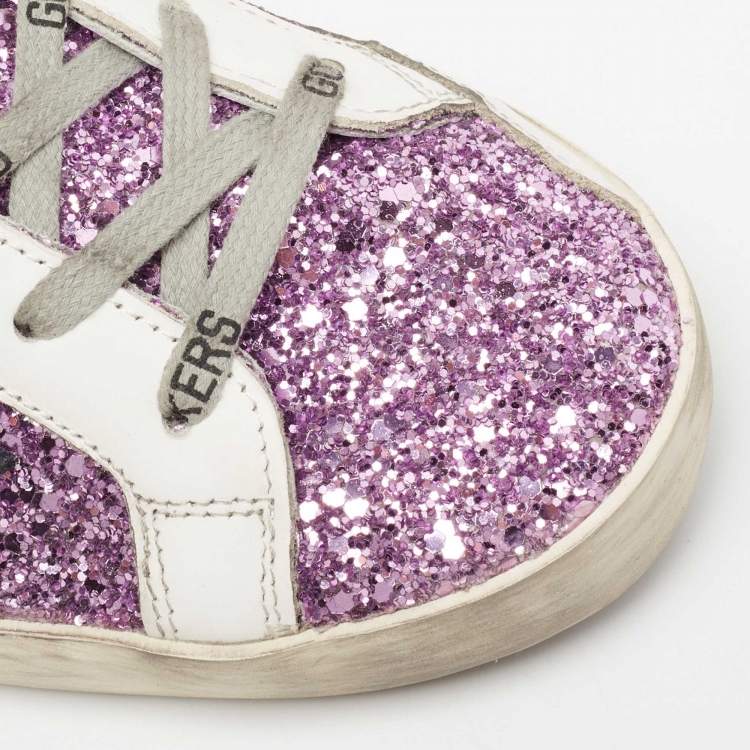Pre Owned Golden Goose Purple Glitter And Leather Superstar Low Top Sneakers Size 39