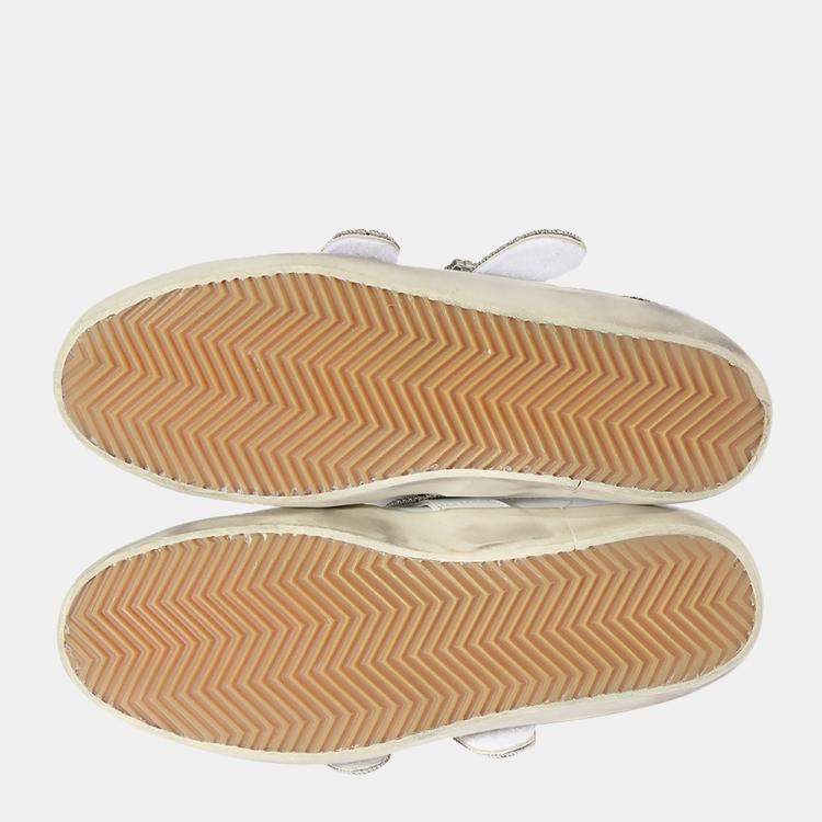 Pre Owned Golden Goose White/Silver Crystal Buckle Leopard Print trim Superstar Sneaker EU 38