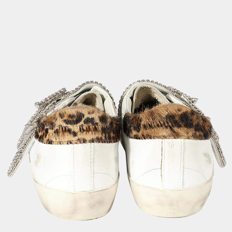 Pre Owned Golden Goose White/Silver Crystal Buckle Leopard Print trim Superstar Sneaker EU 38