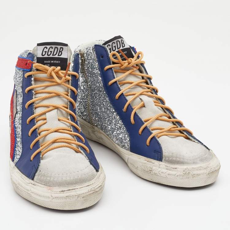 Pre Owned Golden Goose Multicolor Suede And Glitter GGDB Slide High Top Sneakers Size 37
