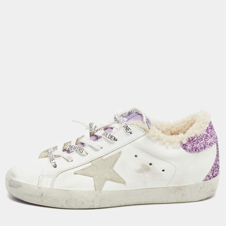 スニーカー GOLDEN  WHITE AND LILAC LEATHER SUPER STAR SNEAKERS Super-Star Young with lilac leather star and glitter heel tab