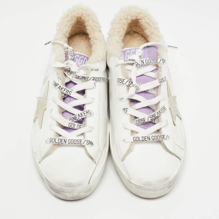 Pre Owned Golden Goose White/Purple Leather and Glitter Super Star Sneakers Size 38