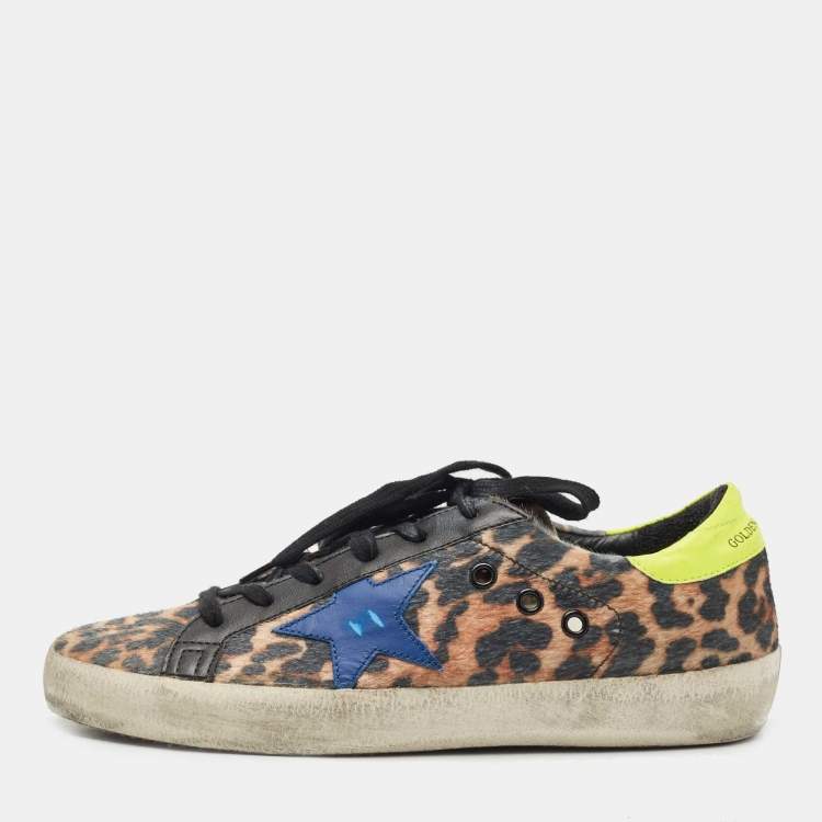 Pre Owned Golden Goose Multicolor Leopard Print Calf Hair Superstar Distressed Lace Up Sneakers Size 38