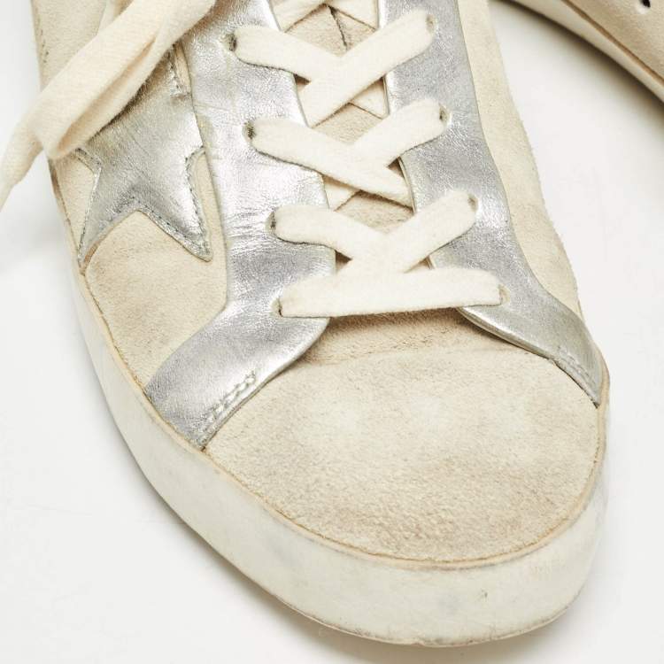 Pre Owned Golden Goose Grey/Silver Suede and Leather Super Star Sneakers Size 39