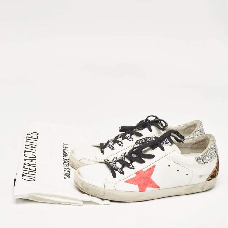 Pre Owned Golden Goose White Glitter and Leather Super Star Low Top Sneakers Size 38