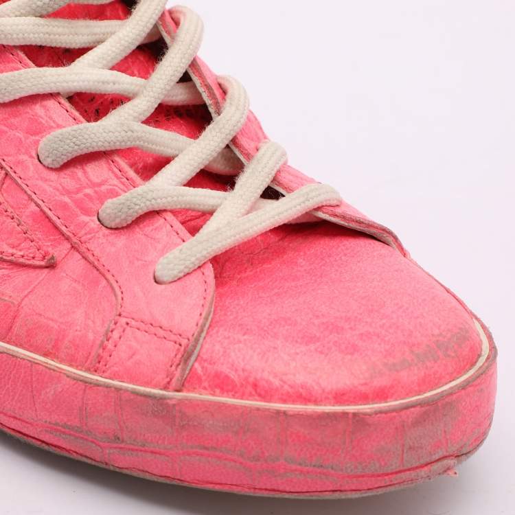 Pre Owned Golden Goose Pink Croc Embossed Leather Super Star Low Top Sneakers Size 39