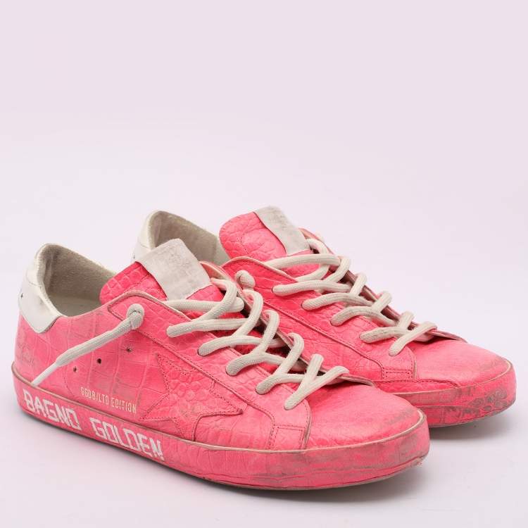 Pre Owned Golden Goose Pink Croc Embossed Leather Super Star Low Top Sneakers Size 39