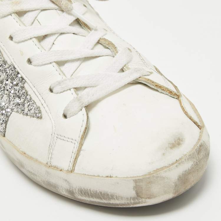 Pre Owned Golden Goose White Leather Superstar Lace Up Sneakers Size 37