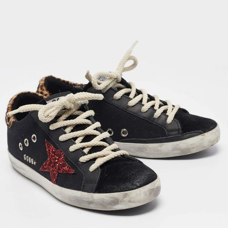 Pre Owned Golden Goose Black Calf Hair and Canvas Super Star Lace Up Sneakers Size 37