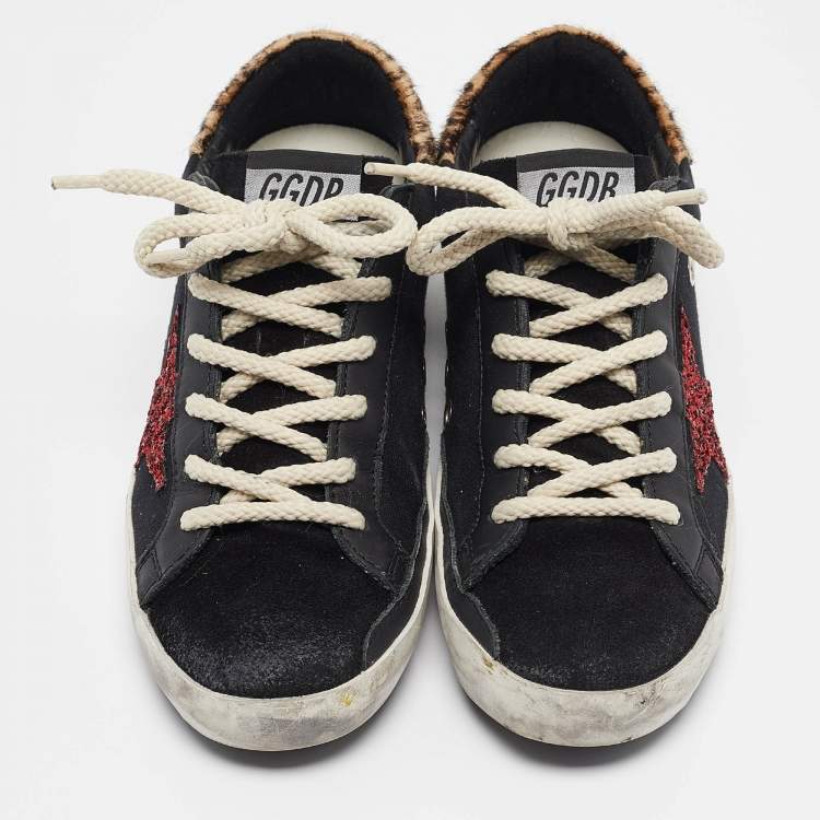 Pre Owned Golden Goose Black Calf Hair and Canvas Super Star Lace Up Sneakers Size 37