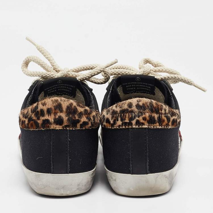 Pre Owned Golden Goose Black Calf Hair and Canvas Super Star Lace Up Sneakers Size 37