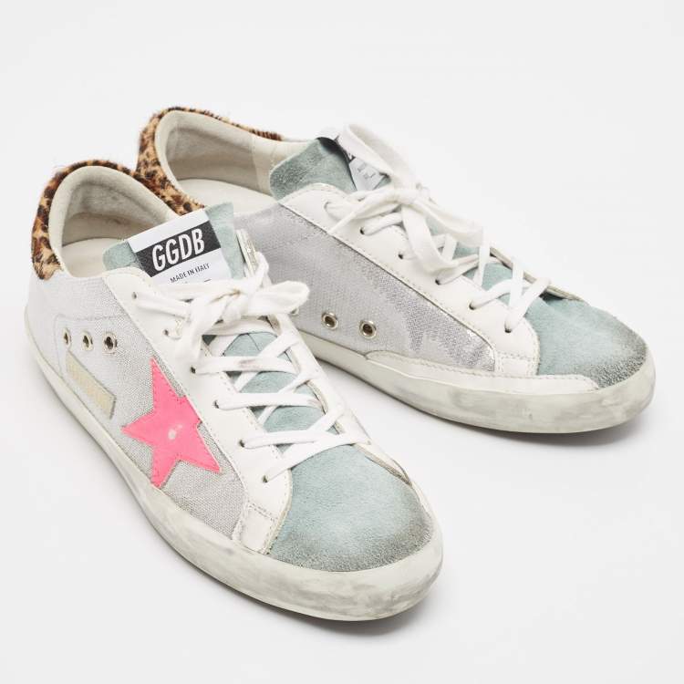 مملوكة مسبقًا Golden Goose White/Grey Leather and Sequins Superstar Low Top Sneakers Size 41