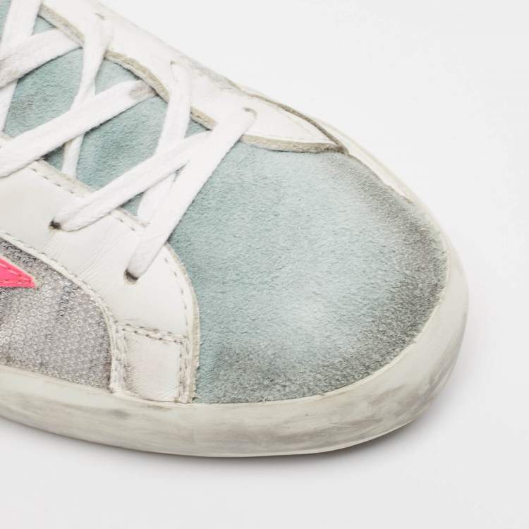 مملوكة مسبقًا Golden Goose White/Grey Leather and Sequins Superstar Low Top Sneakers Size 41