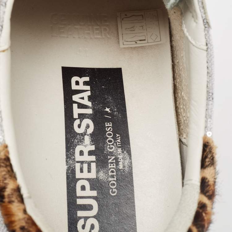 مملوكة مسبقًا Golden Goose White/Grey Leather and Sequins Superstar Low Top Sneakers Size 41