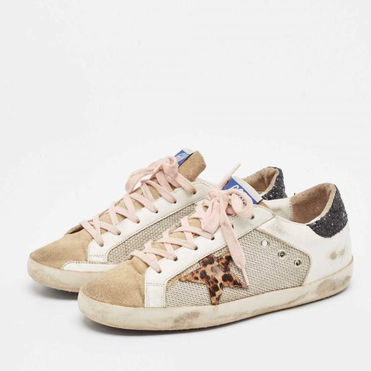 Pre Owned Golden Goose White/Grey Leather and Suede Superstar Lace Up Sneakers Size 38