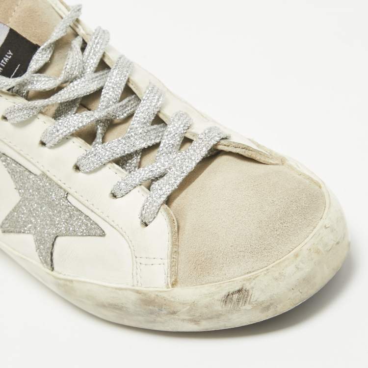 Pre Owned Golden Goose White Leather and Suede Superstar Lace Up Sneakers Size 38