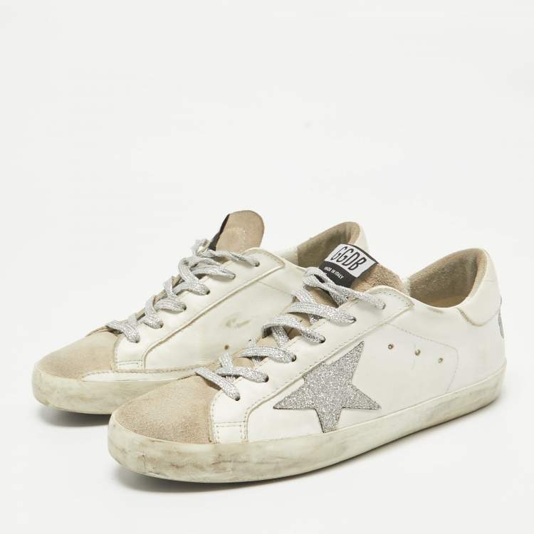 Pre Owned Golden Goose White Leather and Suede Superstar Lace Up Sneakers Size 38