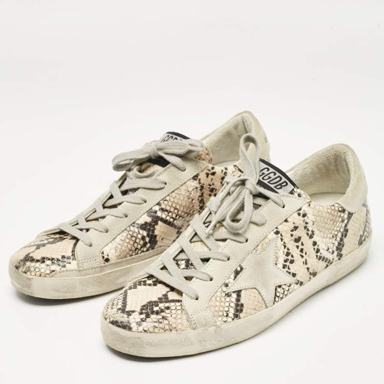 Pre Owned Golden Goose Grey Python Embossed Leather and Suede Super Star Lace Up Sneakers Size 39