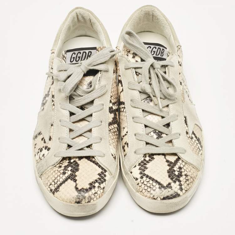 Pre Owned Golden Goose Grey Python Embossed Leather and Suede Super Star Lace Up Sneakers Size 39