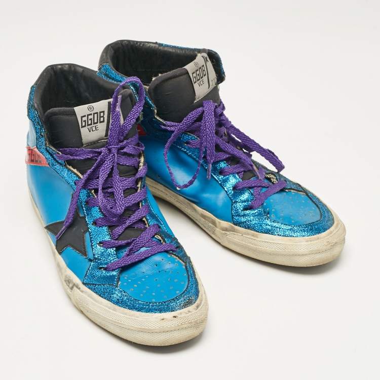 Pre Owned Golden Goose Blue/Black Leather High Top Sneakers Size 39