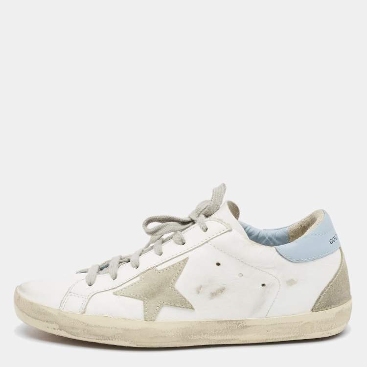 Pre Owned Golden Goose White/Blue Leather Super Star Sneakers Size 39