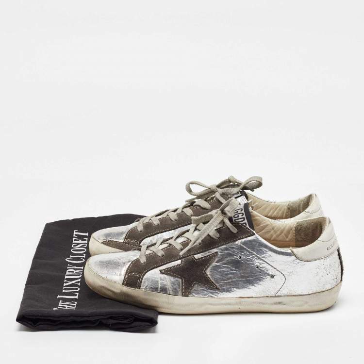 Pre Owned Golden Goose Silver/Grey Leather and Suede Superstar Sneakers Size 39