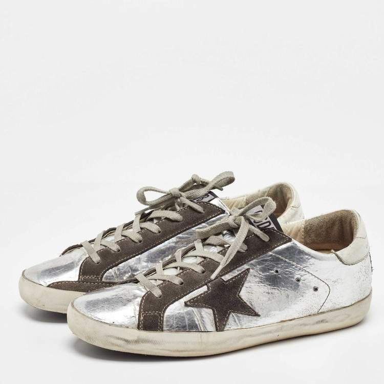 Pre Owned Golden Goose Silver/Grey Leather and Suede Superstar Sneakers Size 39
