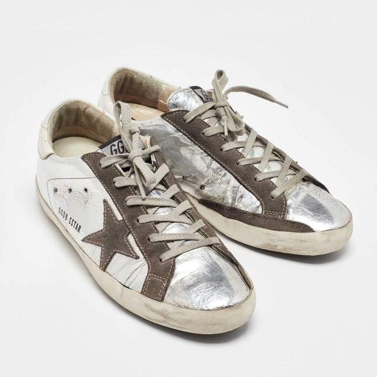 Pre Owned Golden Goose Silver/Grey Leather and Suede Superstar Sneakers Size 39