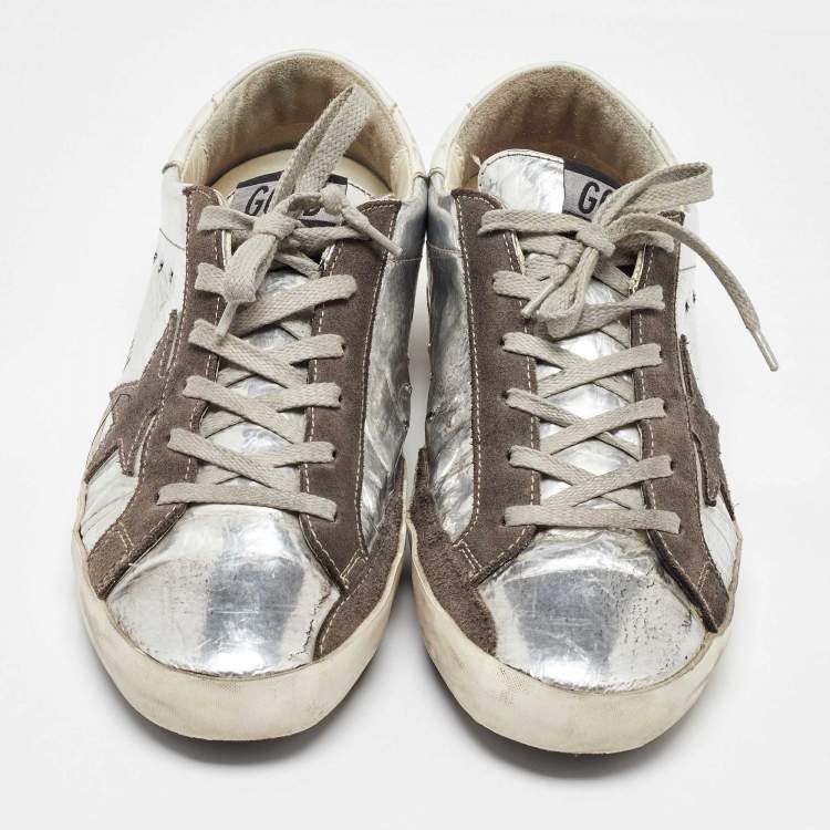 Pre Owned Golden Goose Silver/Grey Leather and Suede Superstar Sneakers Size 39