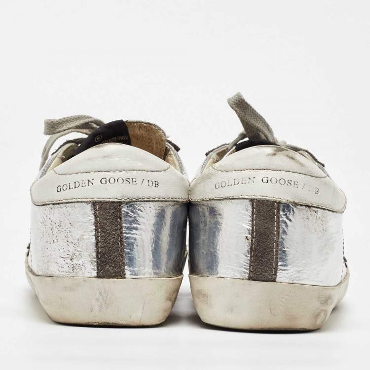 Pre Owned Golden Goose Silver/Grey Leather and Suede Superstar Sneakers Size 39