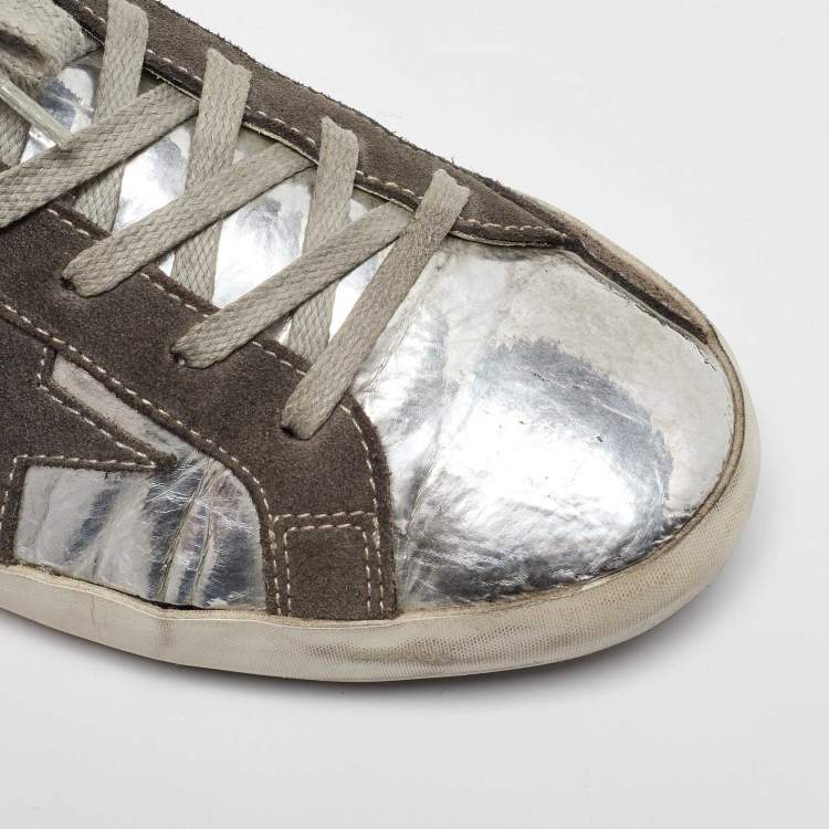 Pre Owned Golden Goose Silver/Grey Leather and Suede Superstar Sneakers Size 39