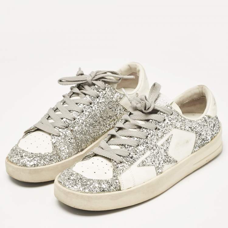 Pre Owned Golden Goose White/Silver Glitter and Leather Stardan  Sneakers Size 39