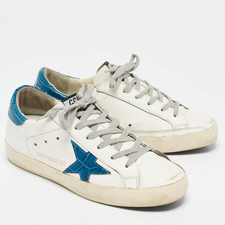 Pre Owned Golden Goose White Crocodile Leather and Leather Superstar Lace Up Sneakers Size 37