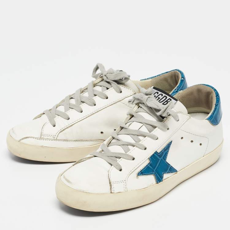 Pre Owned Golden Goose White Crocodile Leather and Leather Superstar Lace Up Sneakers Size 37