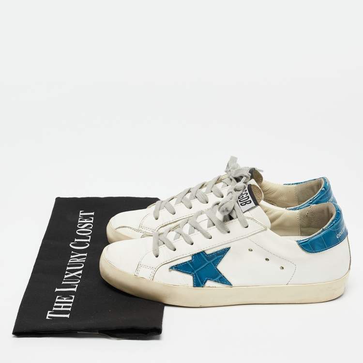 Pre Owned Golden Goose White Crocodile Leather and Leather Superstar Lace Up Sneakers Size 37