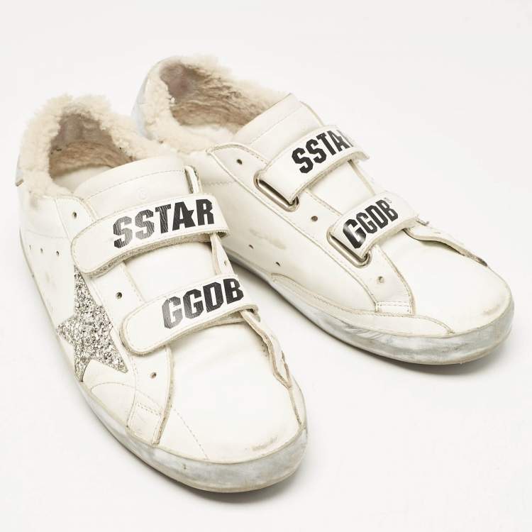 Pre Owned Golden Goose White/Silver Leather and Glitter Old School Sneakers Size 39