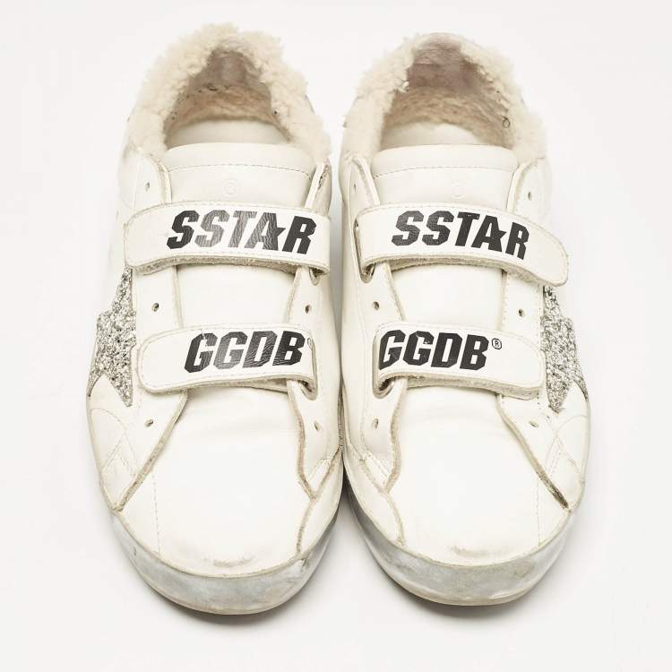 Pre Owned Golden Goose White/Silver Leather and Glitter Old School Sneakers Size 39