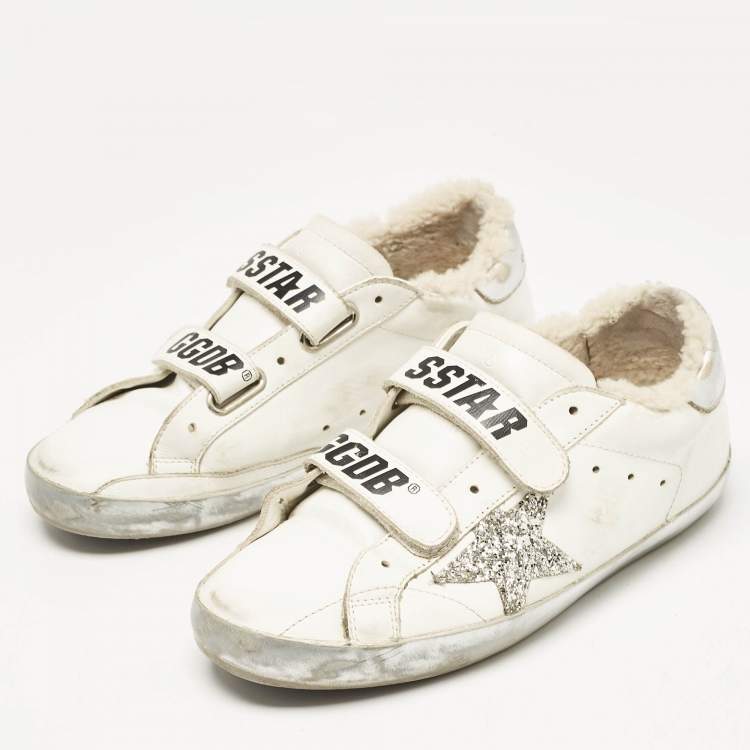 Pre Owned Golden Goose White/Silver Leather and Glitter Old School Sneakers Size 39