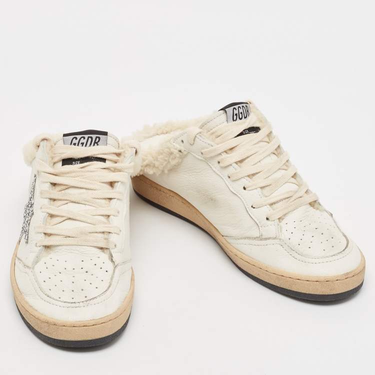 Pre Owned Golden Goose White Fur and Leather Superstar Sneaker Mules Size 37
