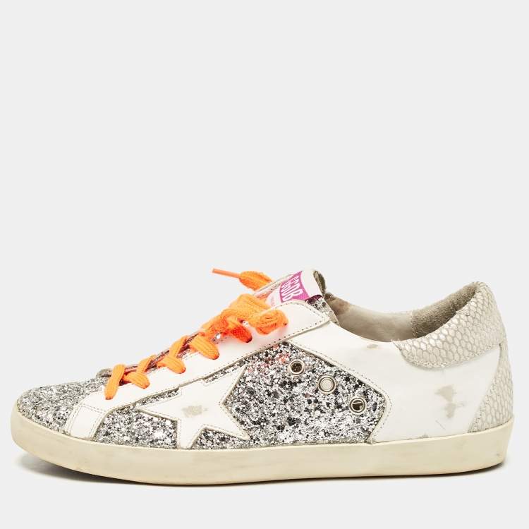 Pre Owned Golden Goose White/Grey Glitter and Leather Super Star Sneakers Size 39