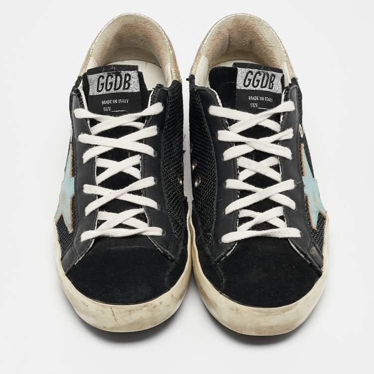 Pre Owned Golden Goose Black/Silver Leather and Suede Super Star Sneakers Size 36