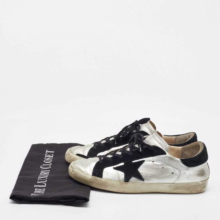Pre Owned Golden Goose Silver/Black Leather and Suede Superstar Low Top Sneakers Size 40