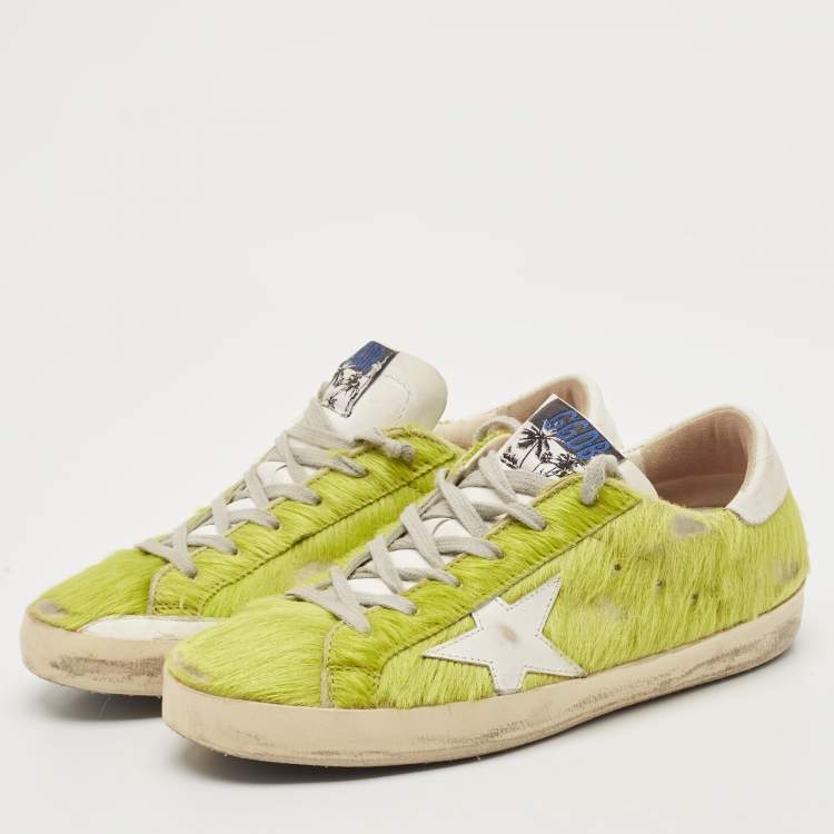 Pre Owned Golden Goose Green/White Calf Hair and Leather Super Star Sneakers Size 39