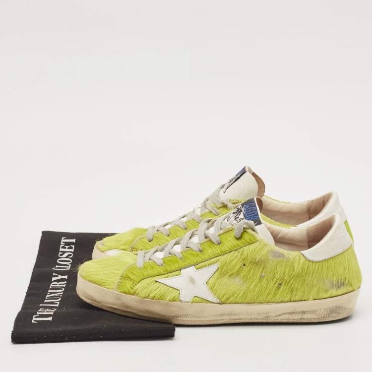 Pre Owned Golden Goose Green/White Calf Hair and Leather Super Star Sneakers Size 39