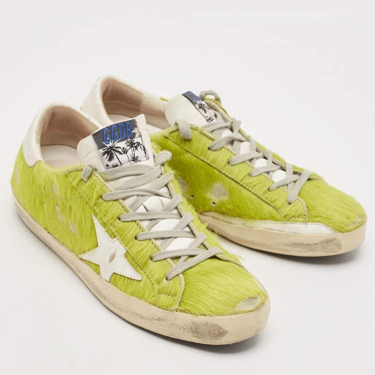 Pre Owned Golden Goose Green/White Calf Hair and Leather Super Star Sneakers Size 39