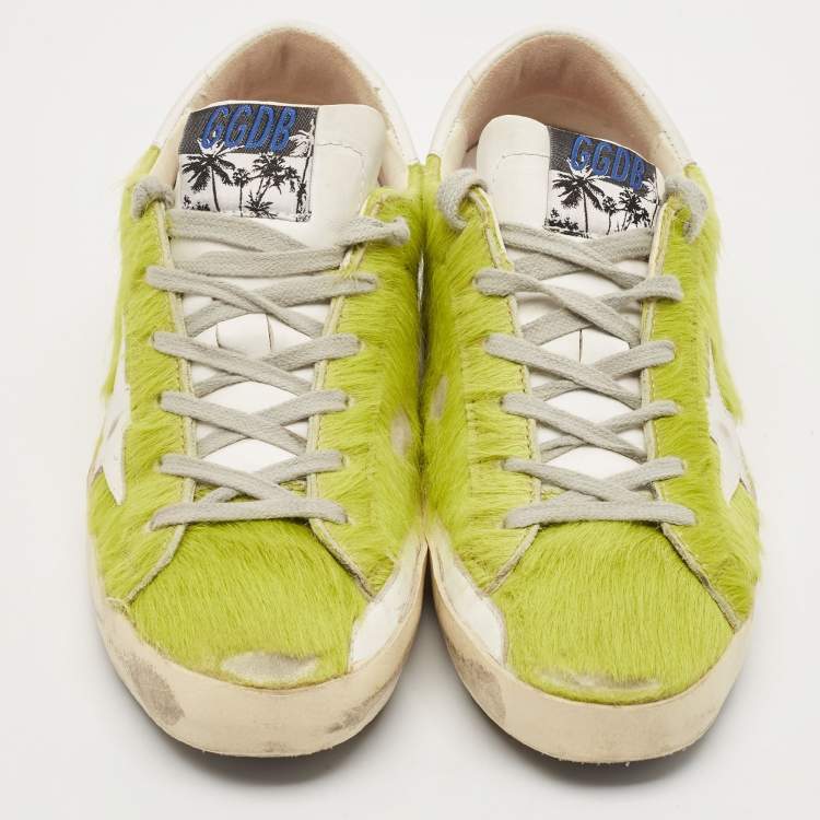 Pre Owned Golden Goose Green/White Calf Hair and Leather Super Star Sneakers Size 39