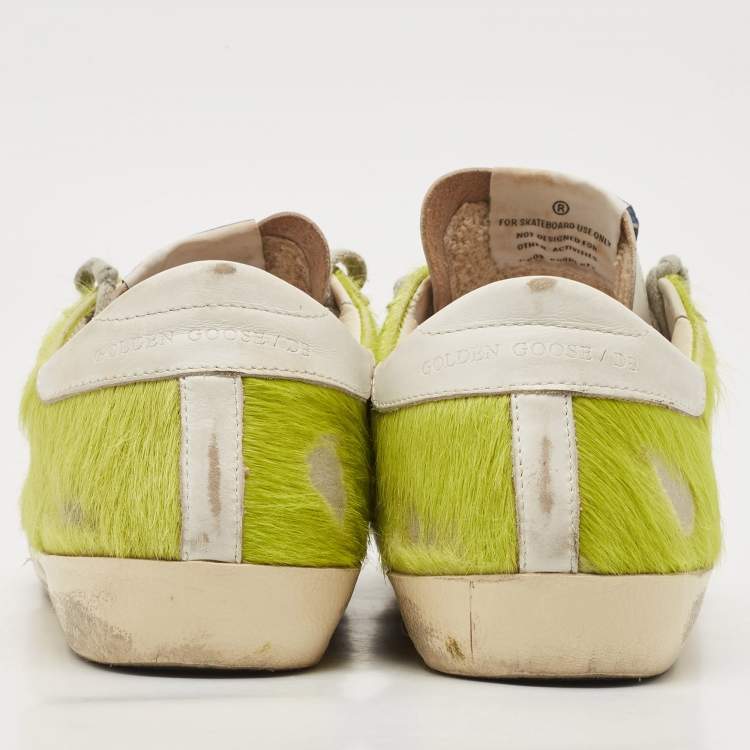 Pre Owned Golden Goose Green/White Calf Hair and Leather Super Star Sneakers Size 39