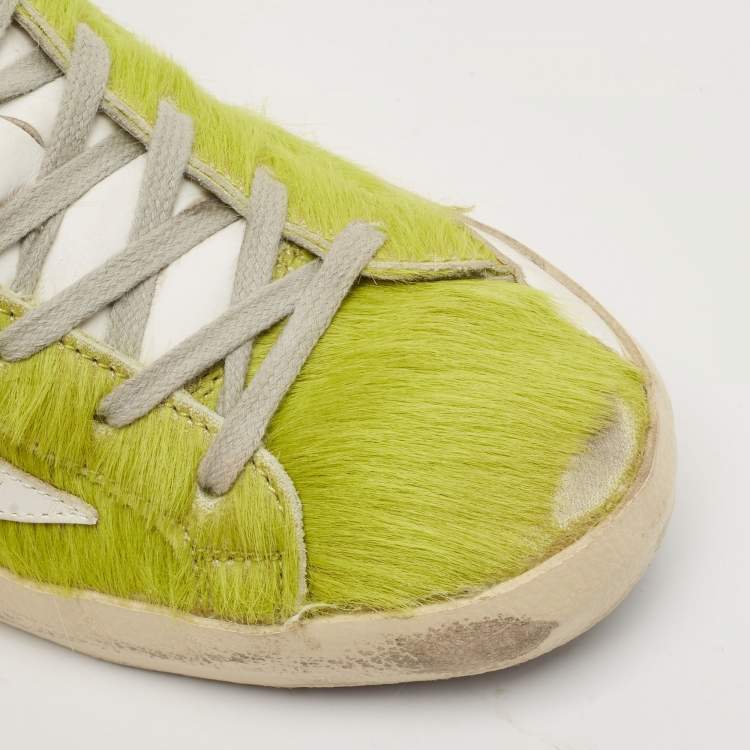 Pre Owned Golden Goose Green/White Calf Hair and Leather Super Star Sneakers Size 39